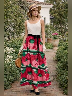 Vintage Lilli Russell Linen Floral Maxi Dress with Velvet Bow | Size 10